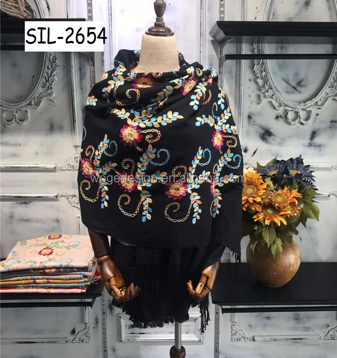 New stylish supplier nice womans twill acrylic shawls stoles echarpe cashmere feeling flowers embroidery winter pashmina scarfs