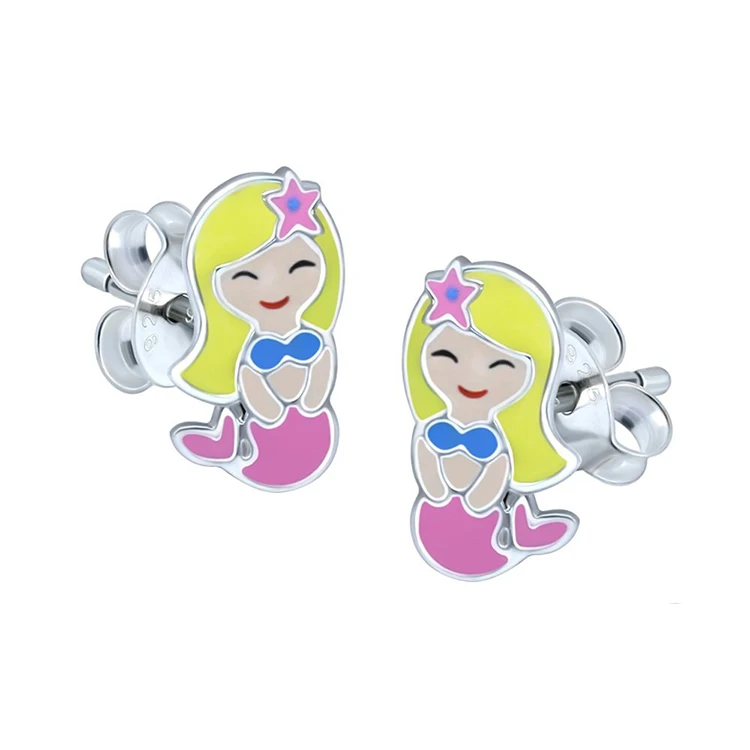 Daochong Custom 925 Sterling Silver Enamel Mermaid Stud Earrings For Children Kids