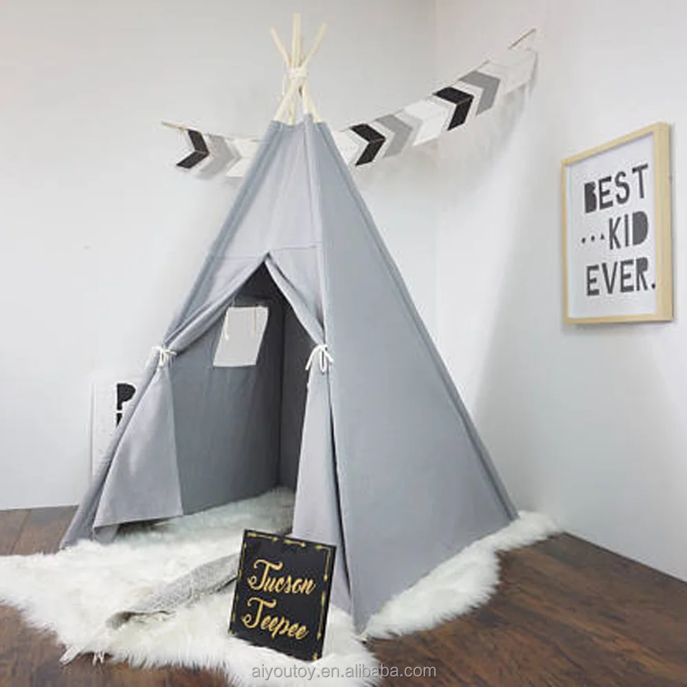 
AIYOU grey color 100% cotton canvas fabric wholesale indoor kids play teepee 