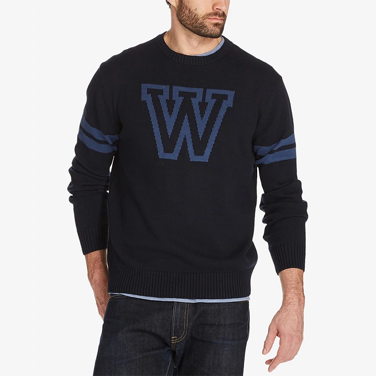 OEM Vintage old fashion Mens sweater Knitwear Pullover striped sleeve College sport letterman jumper intarsia sweater sueter