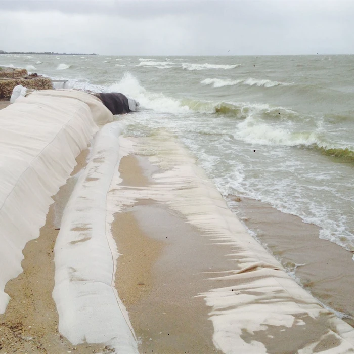 Geofabric geotube and dewatering geotube bags for seawall project