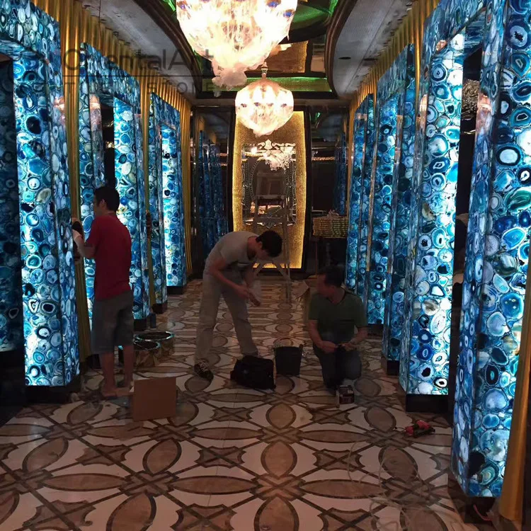 Blue Agate Backlit Semi Precious Stone Slab Bar Decoration Semi-precious Blue Agate Backlit blue agate slab