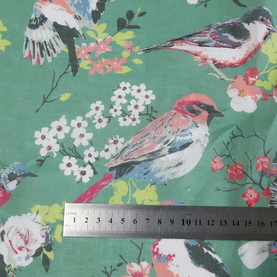 Digital Printing Bird Floral Design on 100% Linen Fabric for Dresses