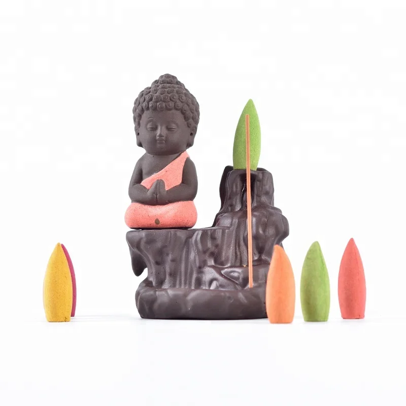 Ceramic Buddha statue Ceramic Incense Burner Backflow Tower Cones Sticks Holder Ceramic Porcelain Buddha Monk Ash Catcher- Red