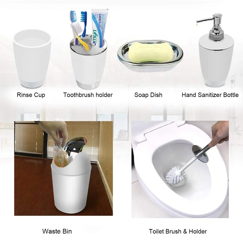 Plastic Six Pieces Bathroom Accessories Set with Toothbrush Holder Manufacturer Hotel Luxury 1PC/PE, 1set/white Box or Color Box