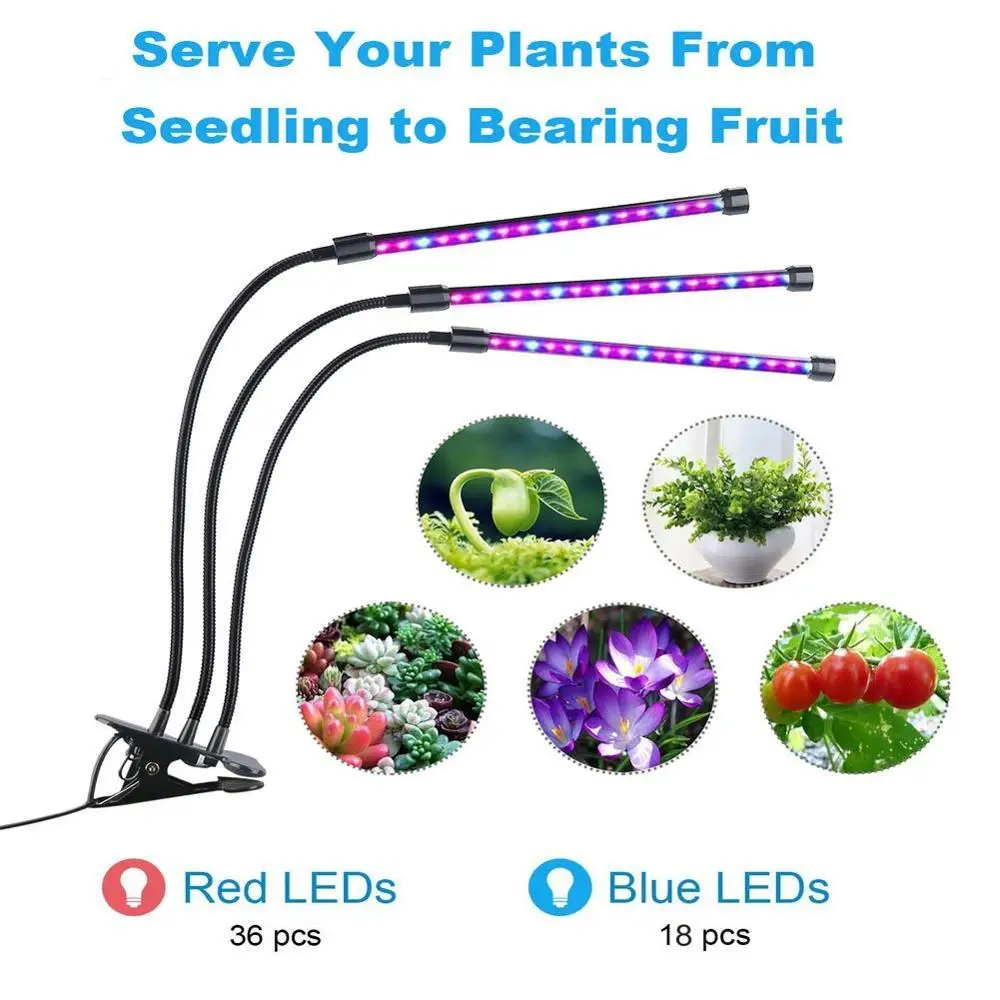 Led Grow Lights for Indoor Plants,27W Timing Plant Grow Lamp with Red/Blue Spectrum,3 Head Control Individually Plant Grow Bulbs