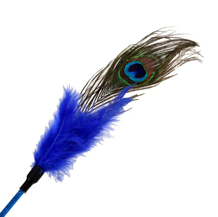 Cheap interactive cat teaser toy purely handmade peacock colorful feather bells for cat