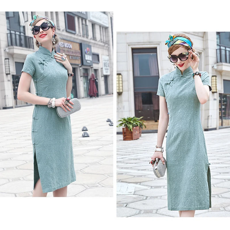 Maxnegio 2018 New Arrival Vintage Slim Fitted Cheongsam Sexy Lady Dress Linen
