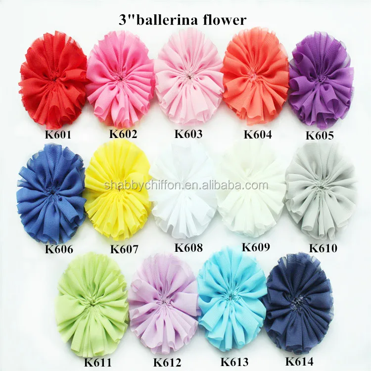 Оптовая продажа, однотонные шифоновые тканевые балерины 3 дюйма с цветами, шифоновые цветочные аксессуары для волос