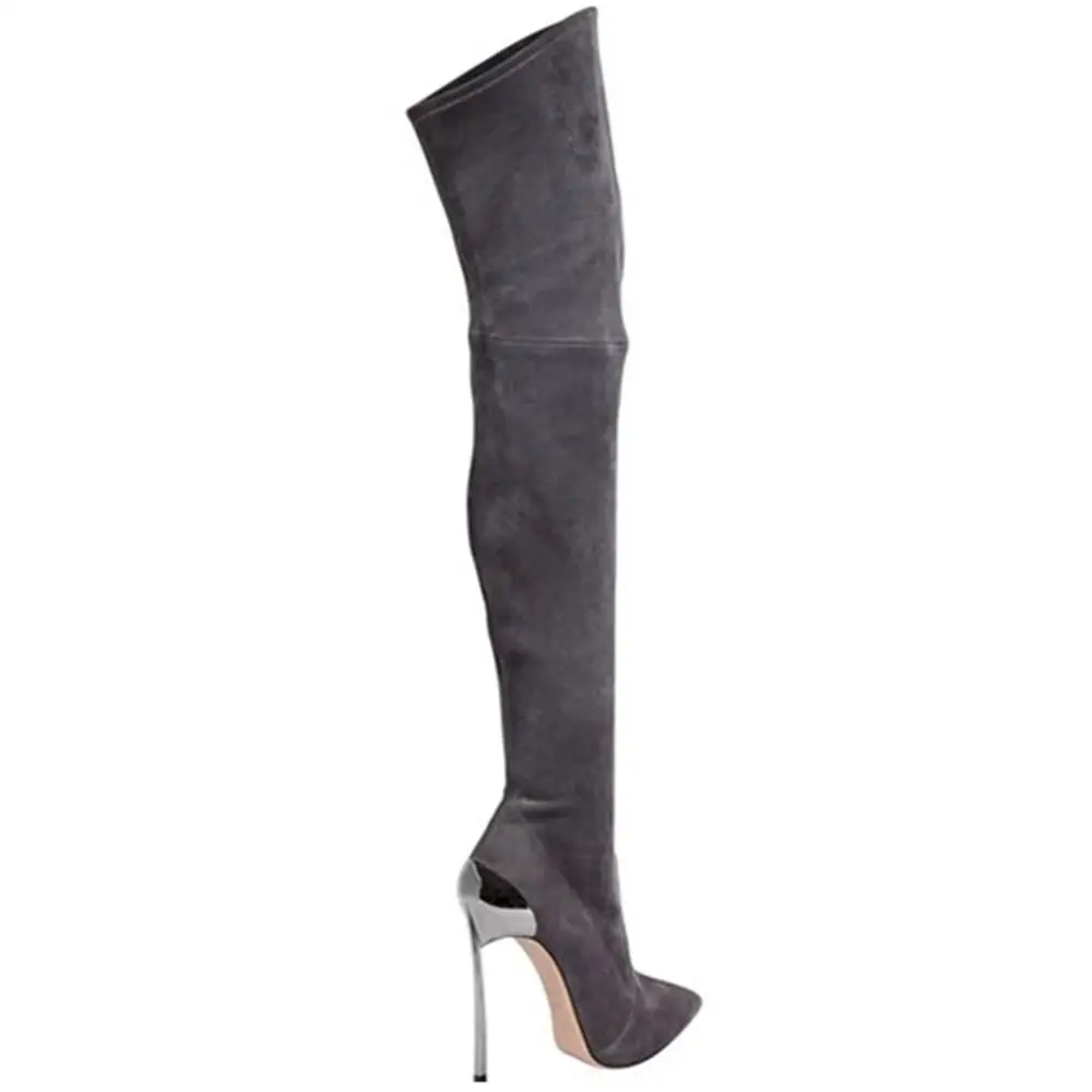 Simple Design Lady Metal High Heel Over Knee Boots Pointed Toe Stiletto Suede Thigh High Stretch Boots