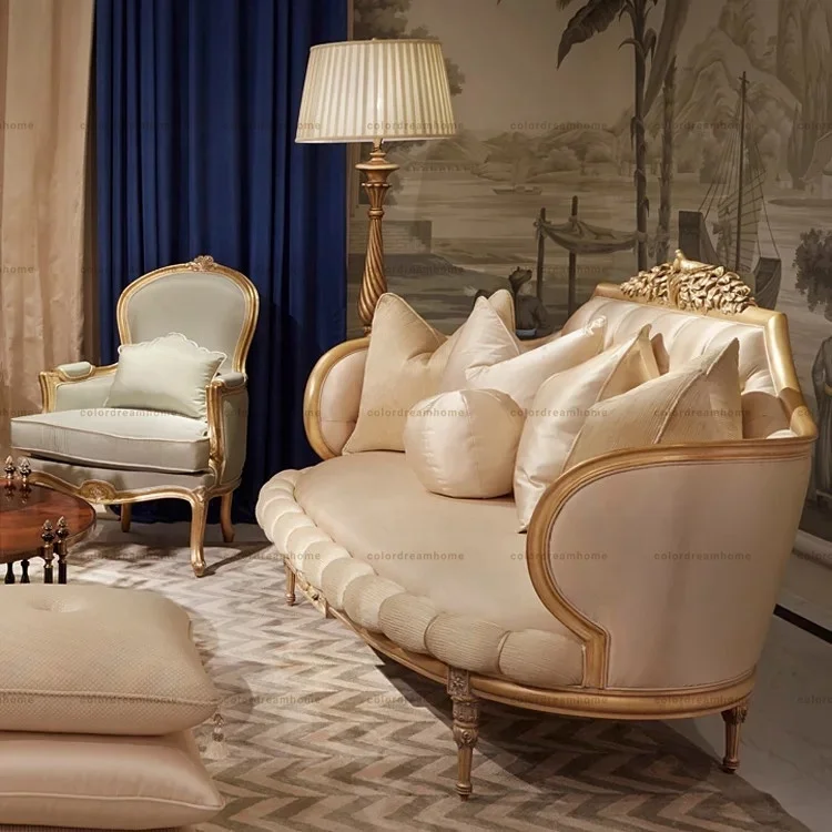 gold color antique French fabric upholstery sofa set velvet fabric for sofa