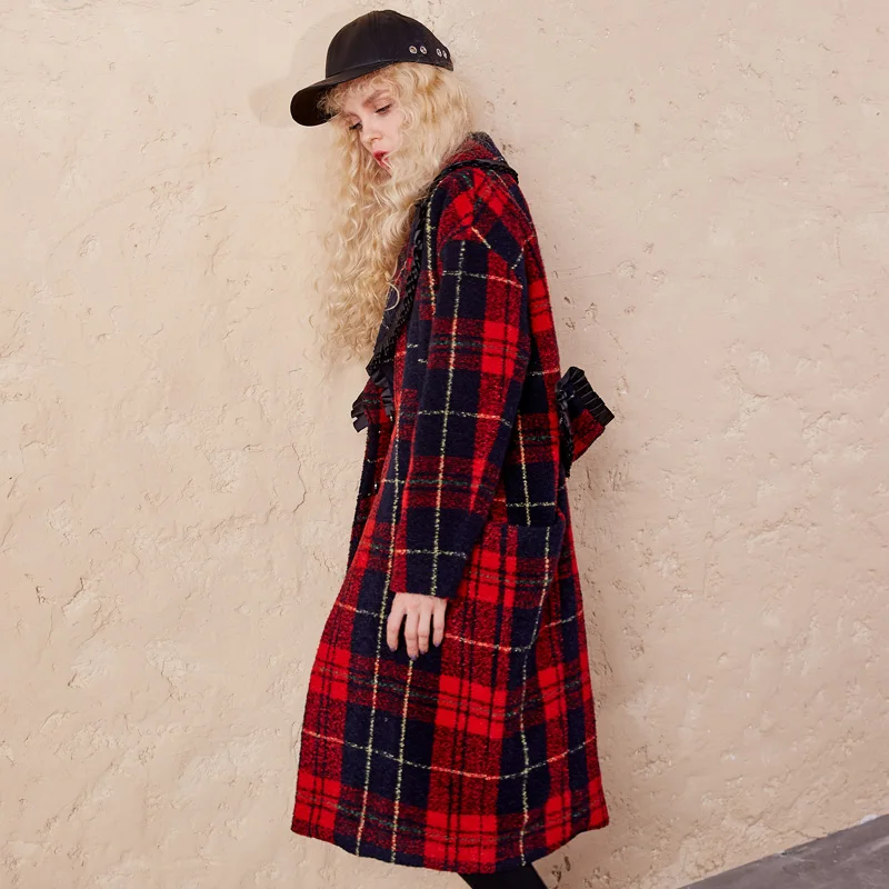 Maxnegio Long Woolen Coat Vintage Outdoor Jacket Lattice Women Fancy Overcoat