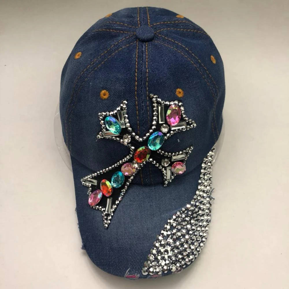 Высококачественная блестящая кепка со стразами поставщик джинсовых регулируемых бейсболок и шляп с защитой от солнца