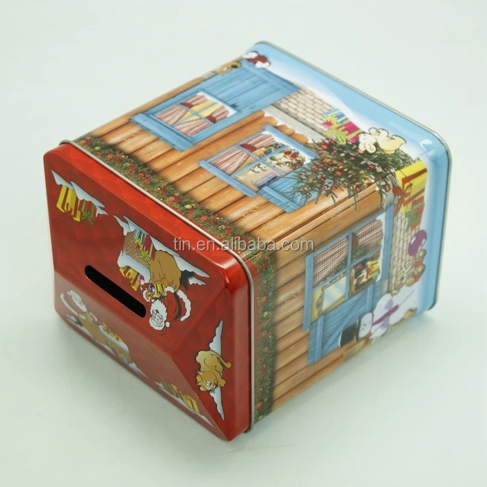 Rectangle money tin box with slot on top lid