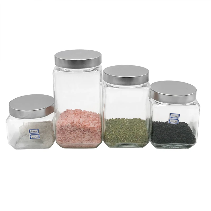square shape storage empty glass jar for food with metal screw