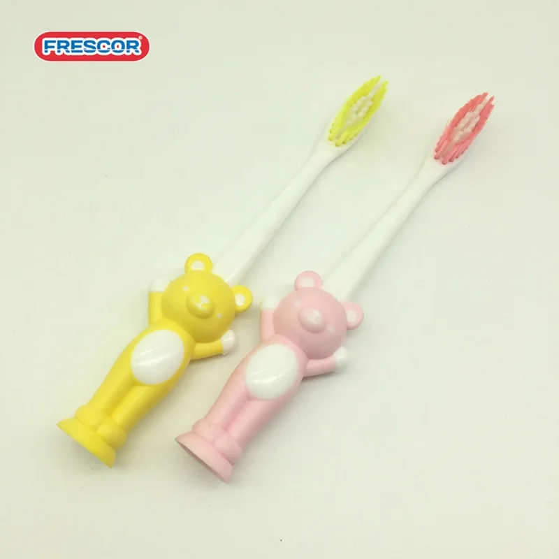 Customized Bear Cartoon handle kids toothbrush With suction cups