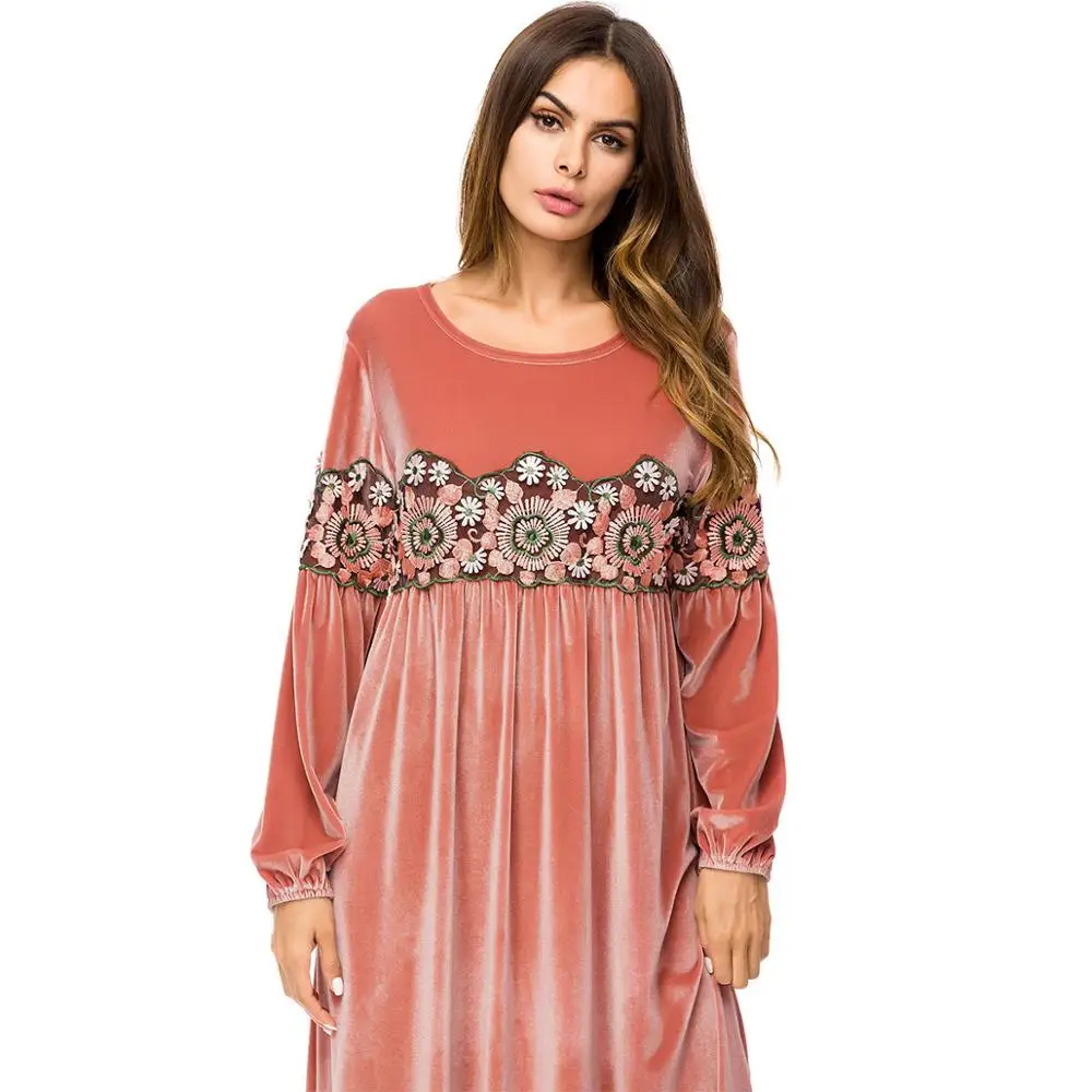 
Hot Sale Plus Size Floral Patchwork Velvet Robe Abaya Muslim Dress For Women 