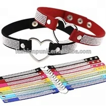 Punk Gothic Shiny Rhinestone Matte Leather Heart Choker Snap Button Collar Necklace
