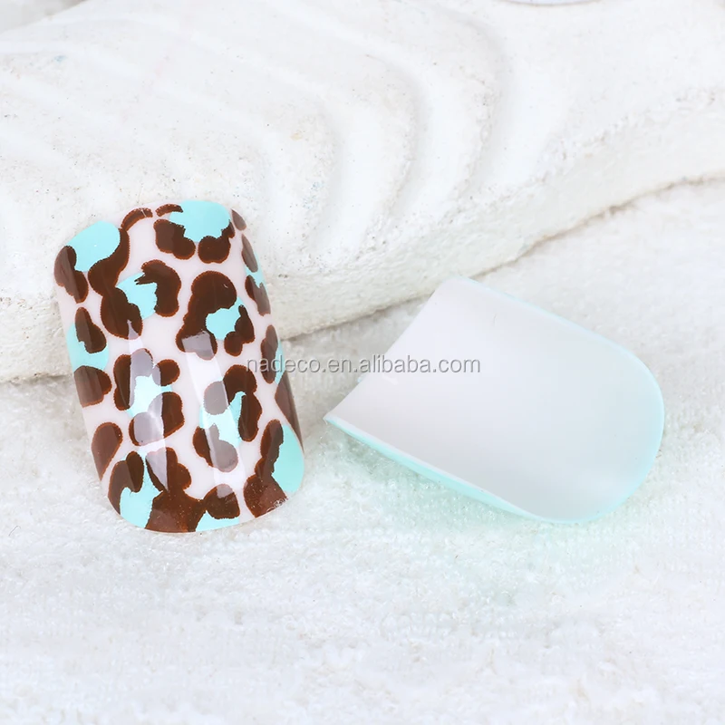 NADECO Full Cover Blue Sweet Color Sticky Nails Acrylic with Leopard Print Picture