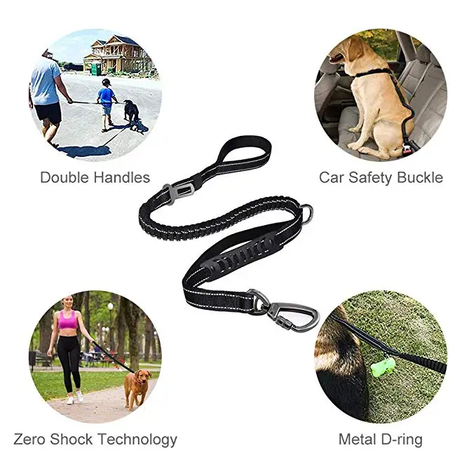 6FT Strong Nylon Dog Leash with Highly Reflective Threads and Bungee Buffer Leash and padded handle,dog car seat belt