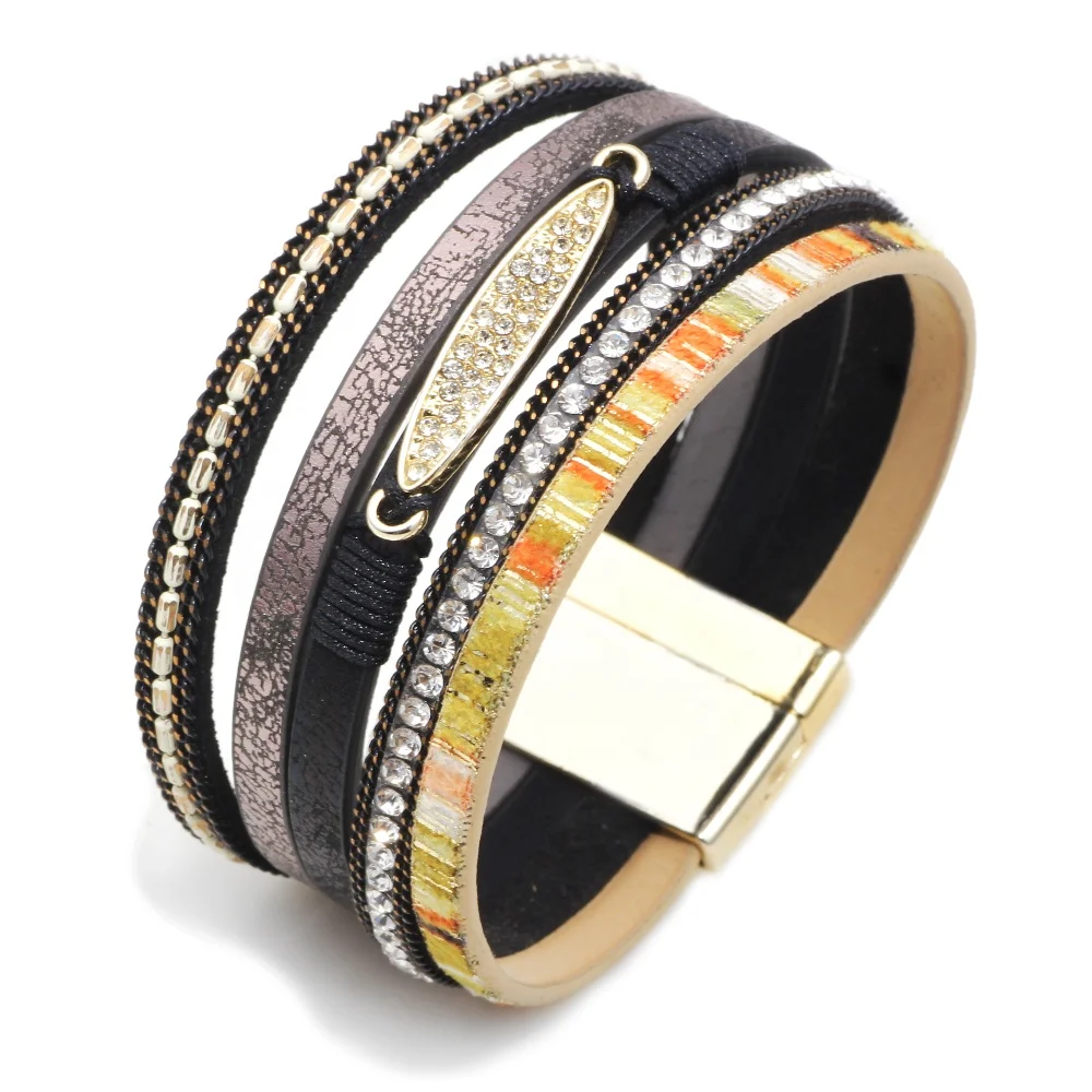 Bohemia women crystal rhinestone paved alloy charm layers leather bracelets with magnetic clasp