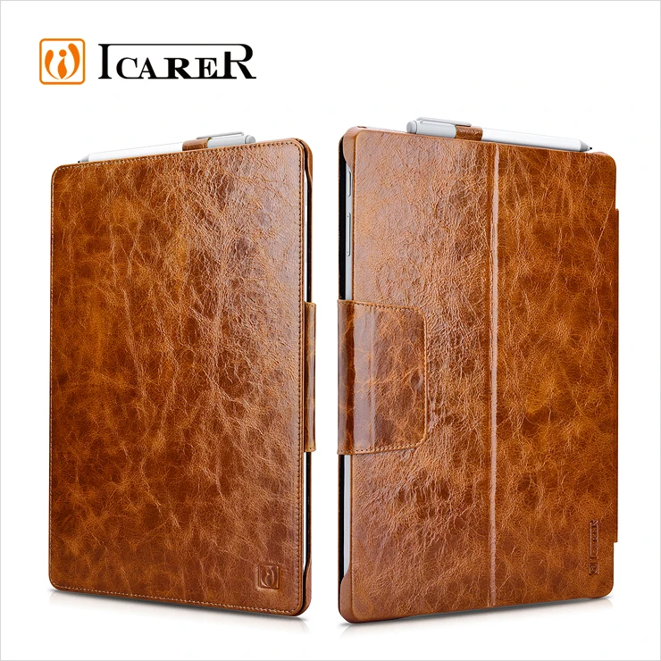 ICARER Custom Logo Genuine Leather Flip Folio Cover Case for Microsoft Surface Pro 4 Sleeve
