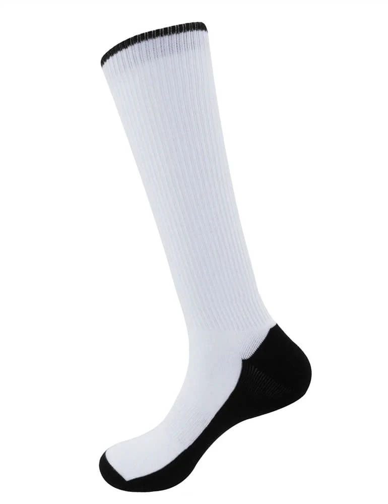 AJ19137 Custom High Quality Terry Blank White Knee High Print Polyester Sublimation Socks With black Sole Bottom