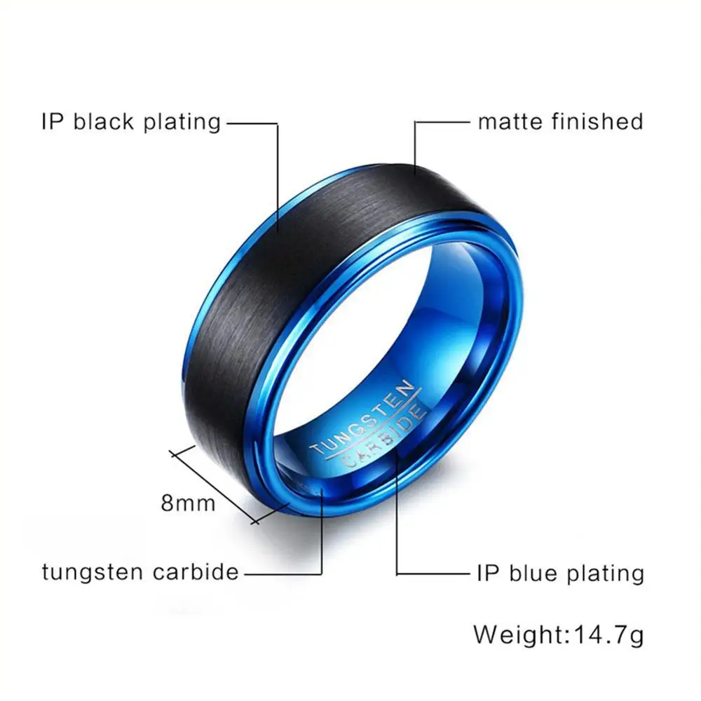
black mens tungsten ring blue charm engagement ring men 