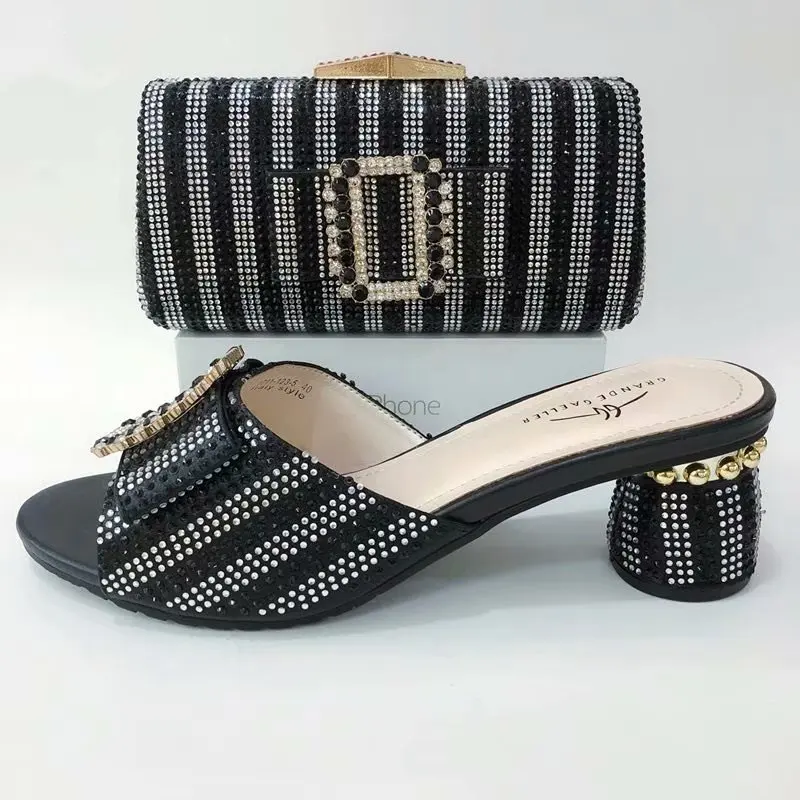 2019 Nigerian Style Woman Shoes And Bag Set Latest Red Color Italian Shoes And Bags With Rhinestones For Wedding Party