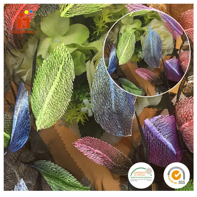 Popular colorful leaves plain embroidery african lace fabric skull for garment