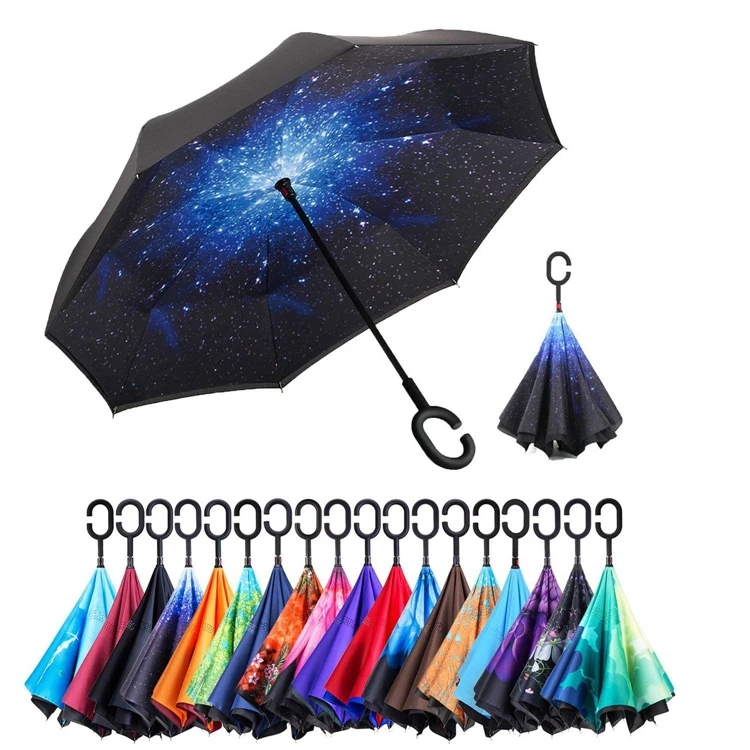 
Inside full print double layer manual open reverse inverted C handle umbrella for car 