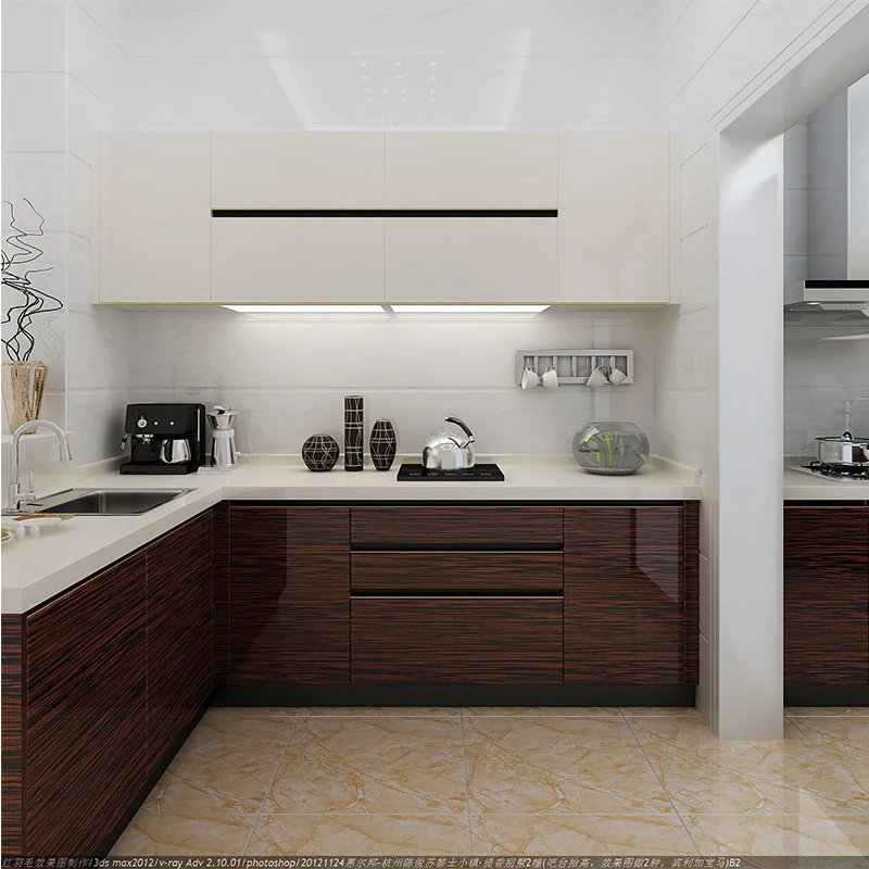 
Modern Gloss Wood Veneer Finish Handless Kitchen Cabinet 