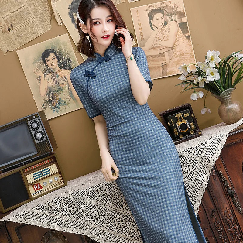 
hot sale wholesale female improved plaid cheongsam simple elegant short sleeve design casual dress 