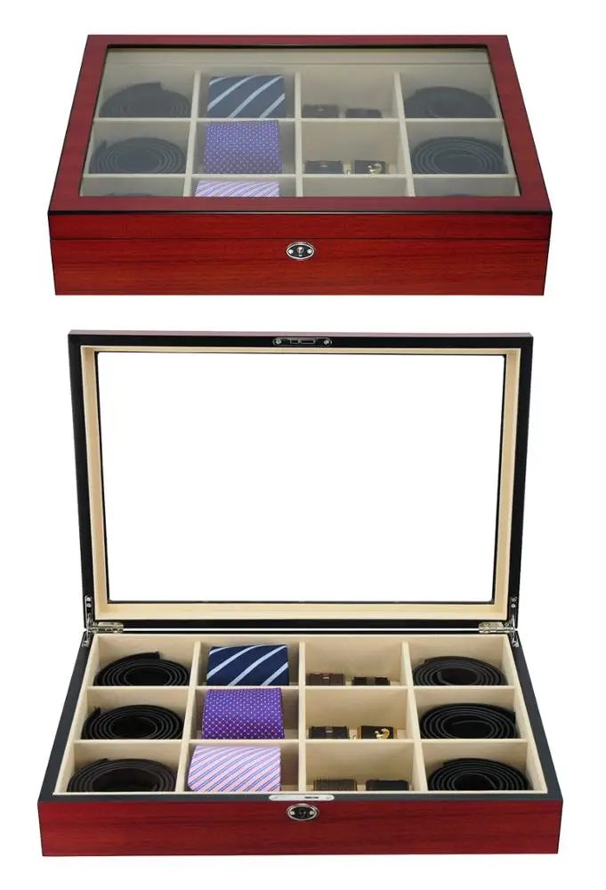 Деревянная коробка для галстуков вишня 12 слотов МУЖСКАЯ упаковочная коробка для ремня с прозрачной стеклянной крышкой
