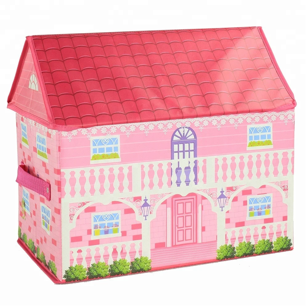 Pink House Non Woven Fabric With Coating Kids Toys Storage Box