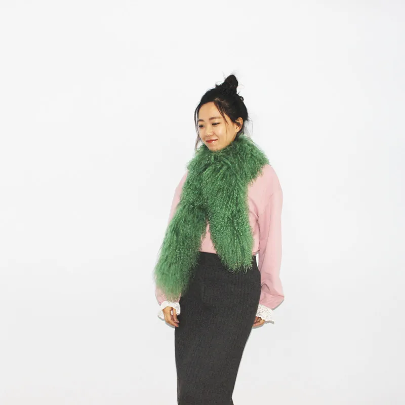Real Green women leather scarf furry real mongolian fur scarf
