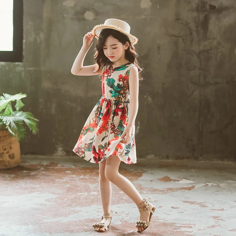 
Boutique lovely flower printed sleeveless summer girls party dresses children outfit kid wear 