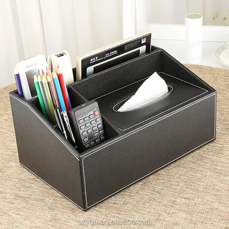 China Factory Pu Leather Tissue Box With Multifunction Remote Pen Holder