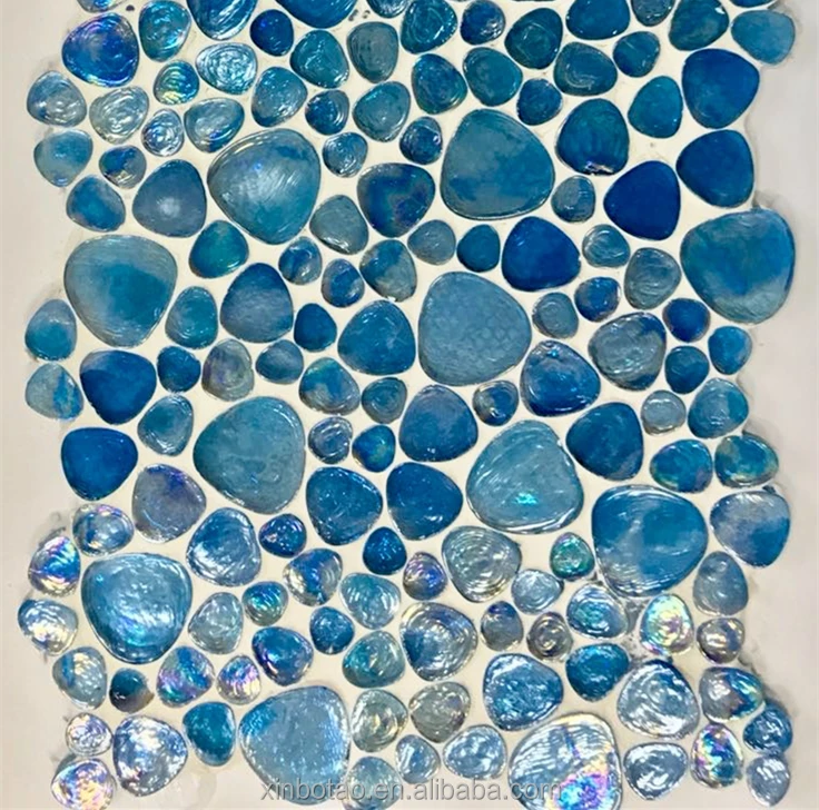Bathroom Floor Tiles Blue Iridescent Recycle Pebble Shape Glass Mosaic Tile