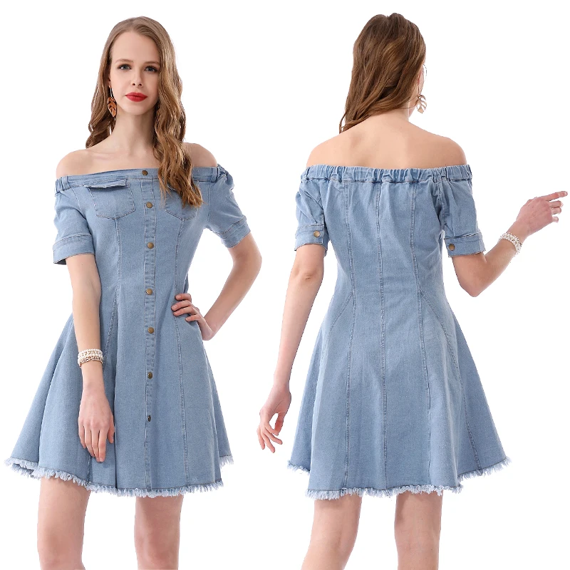 Casual Off-shoulder A-Line  Front Button Denim Dress for women Wholesale