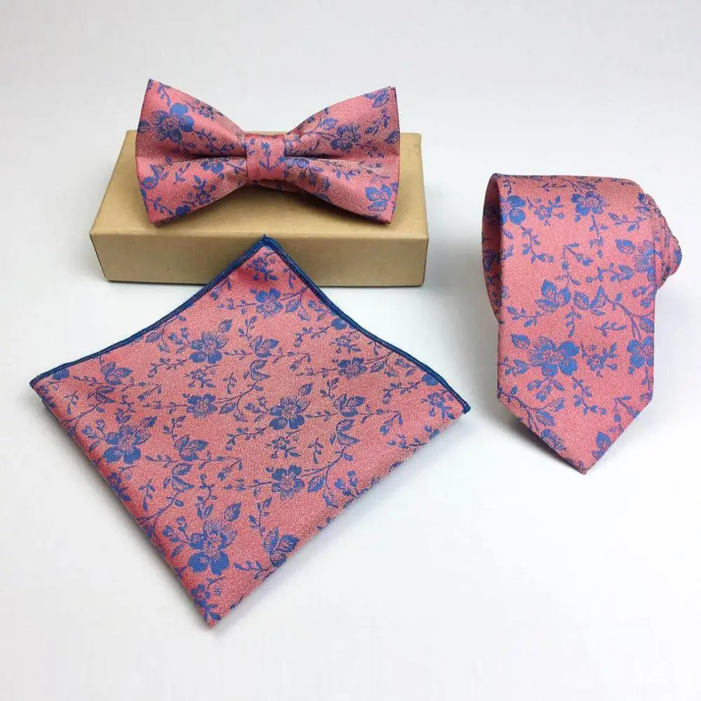 Мужском стиле полиэстровый галстук с цветочным принтом с галстуком-бабочкой и нагрудный платок комплект
