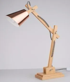 Wooden swing arm table lamp with copper color shade