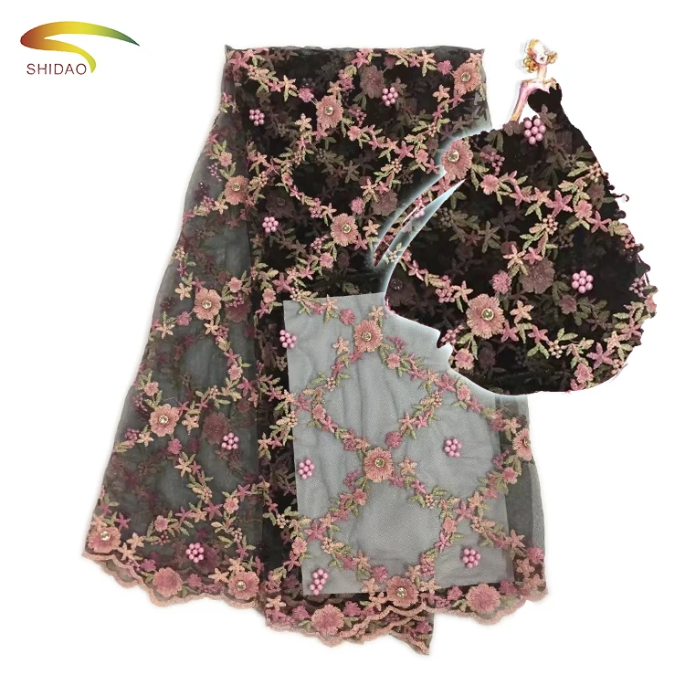 2017 wholesale 3d embroidery designs flower tulle french lace rhinestone and beaded fabric for wedding party dresses