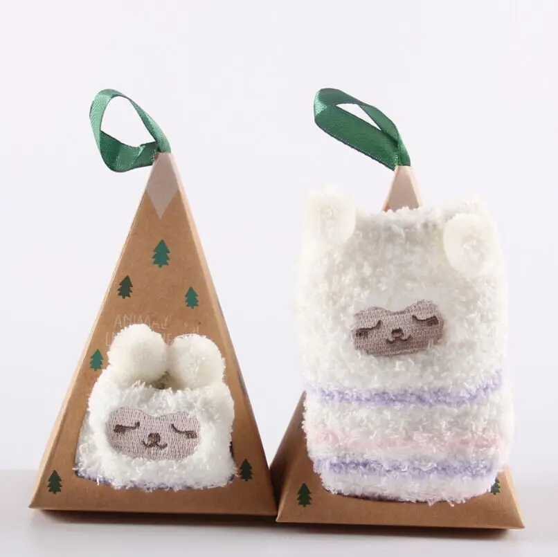 Cute Animal Pattern Winter Fleece Baby Socks with Triangle Gift Box Free Size for Kid Toddlers and Christmas