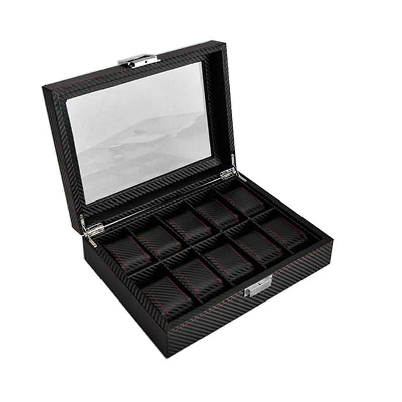 Carbon Fiber 10 Slots Oem custom  luxury black  pu leather watch storage display box ladies watch packaging gift box with pillow