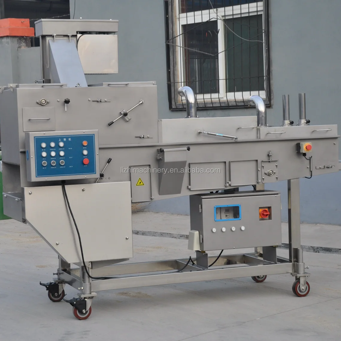 meat pie former maker / fish cutlet flouring preduster machine/ fish nuggets battering breading frying production line