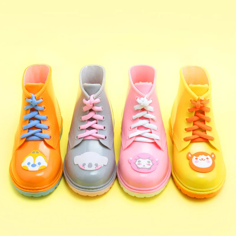 cool unique design waterproof lace up tie shoelaces children kids teenager ankle high rain boots wellies rain shoes