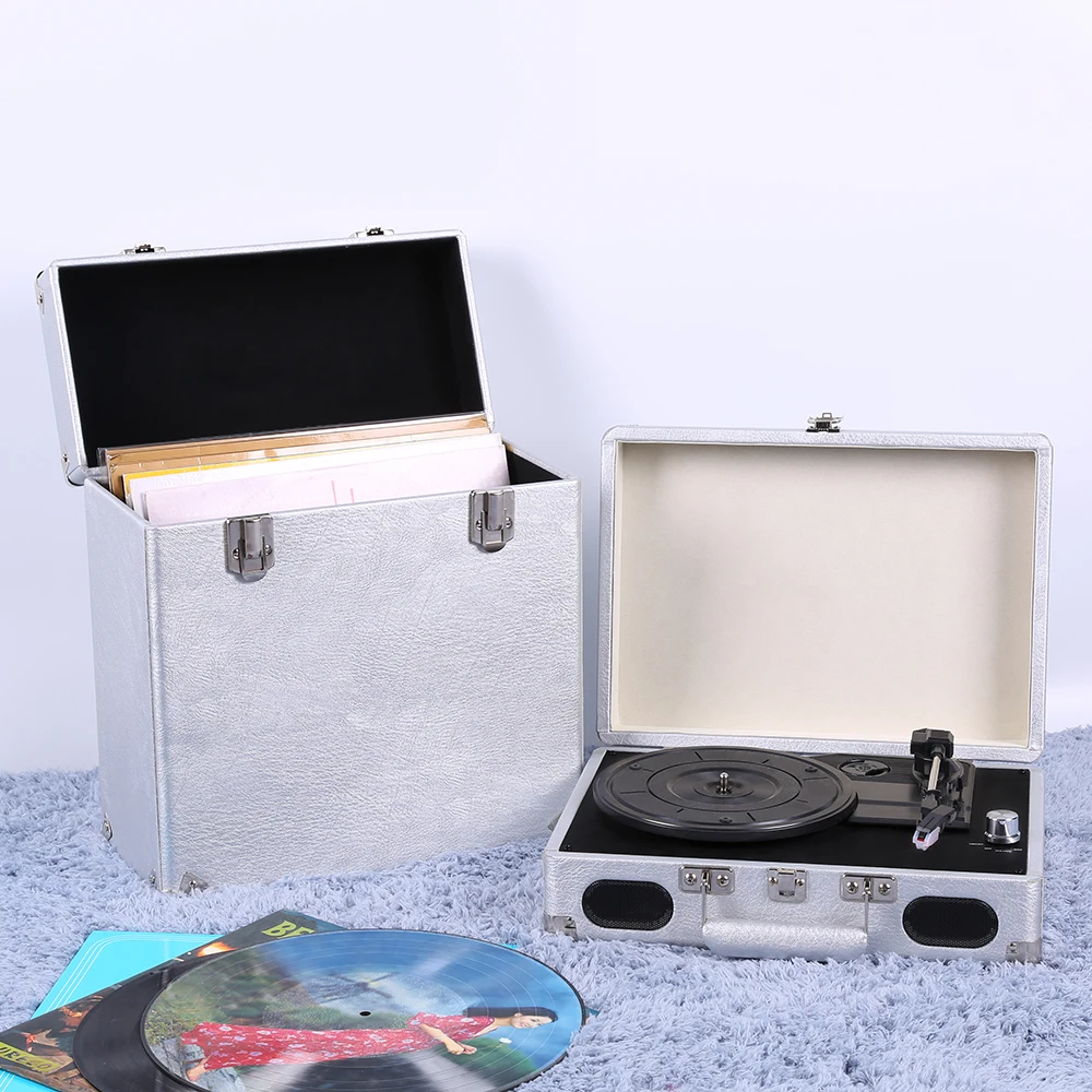 
Victrola Vintage Retro Vinyl Leather Record Storage Carrying Case for 45+ Records (Dust/Scratch Free) - Silver-12Inch 