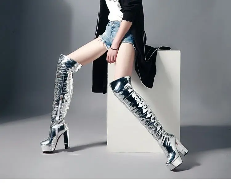 New fashion women silver color shoes platform high chunky heels over the knee boots