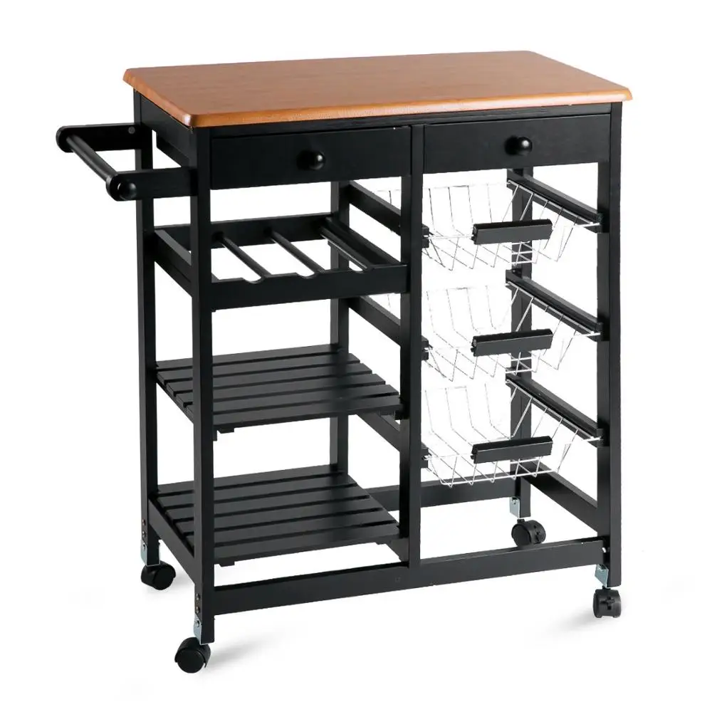 Bamboo Rolling Storage Cart Kitchen Trolley Serving Cart Wine Rack Drawers and Shelves wooden kitchen trolley